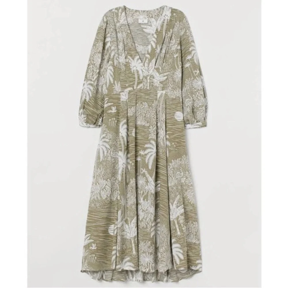 Desmond & Dempsey X H&M Green White Tropical Palm Print Linen Blend Midi Dress S - Picture 3 of 15